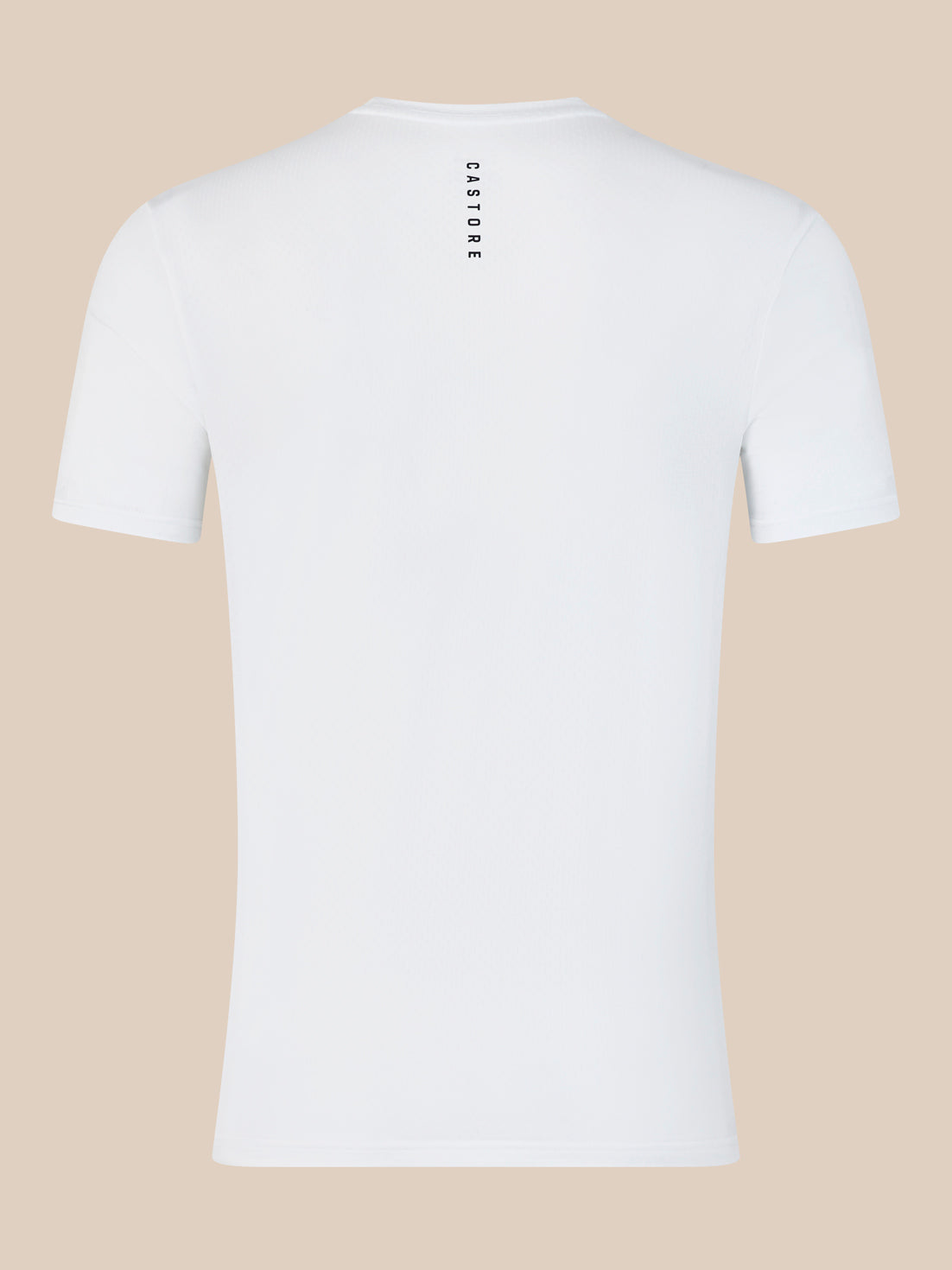 Back view of white men's training T shirt with vertical Castore branding along upper back
