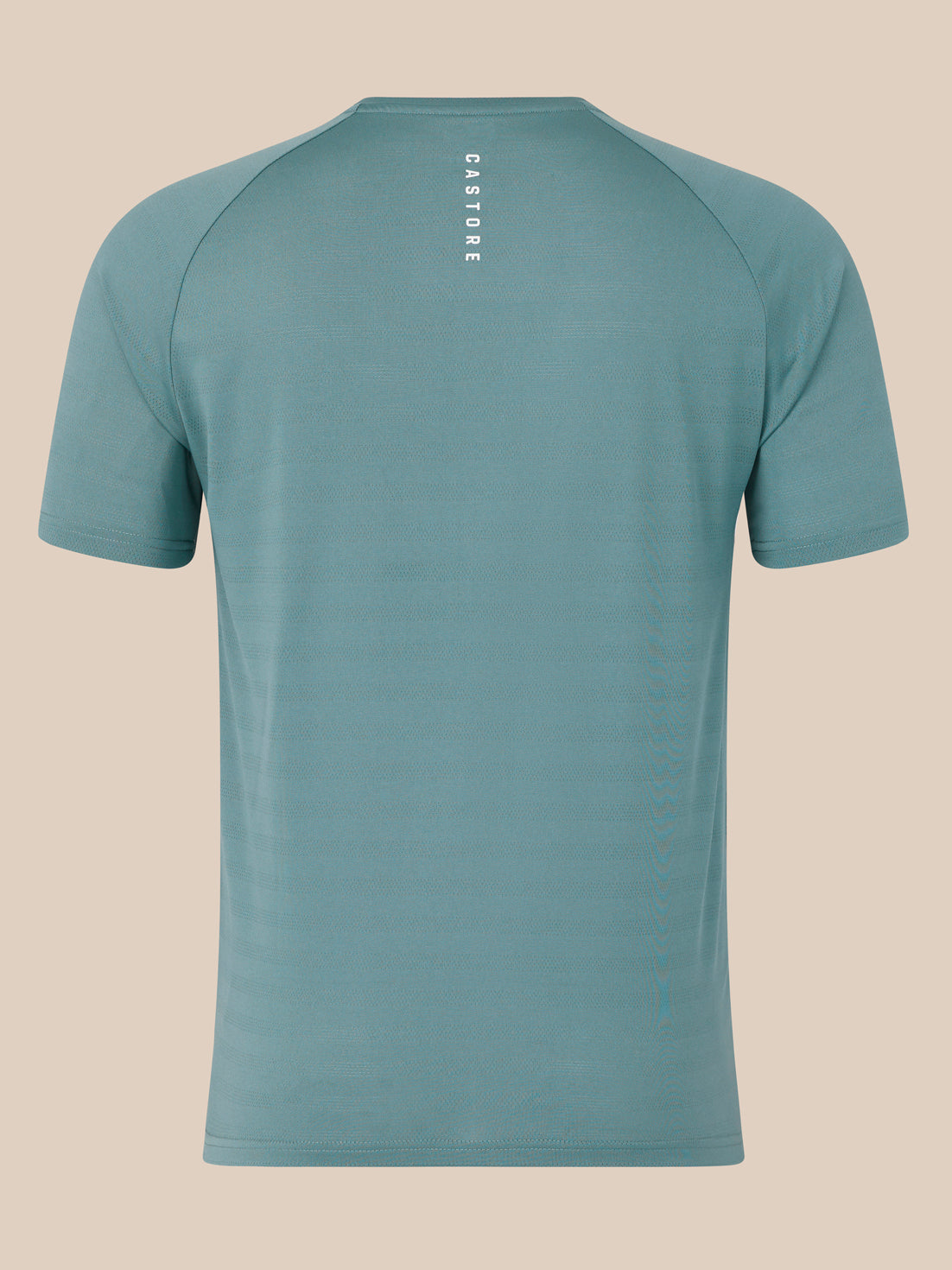 Back view of blue short sleeve performance T shirt showing vertical CASTORE branding along the upper back.