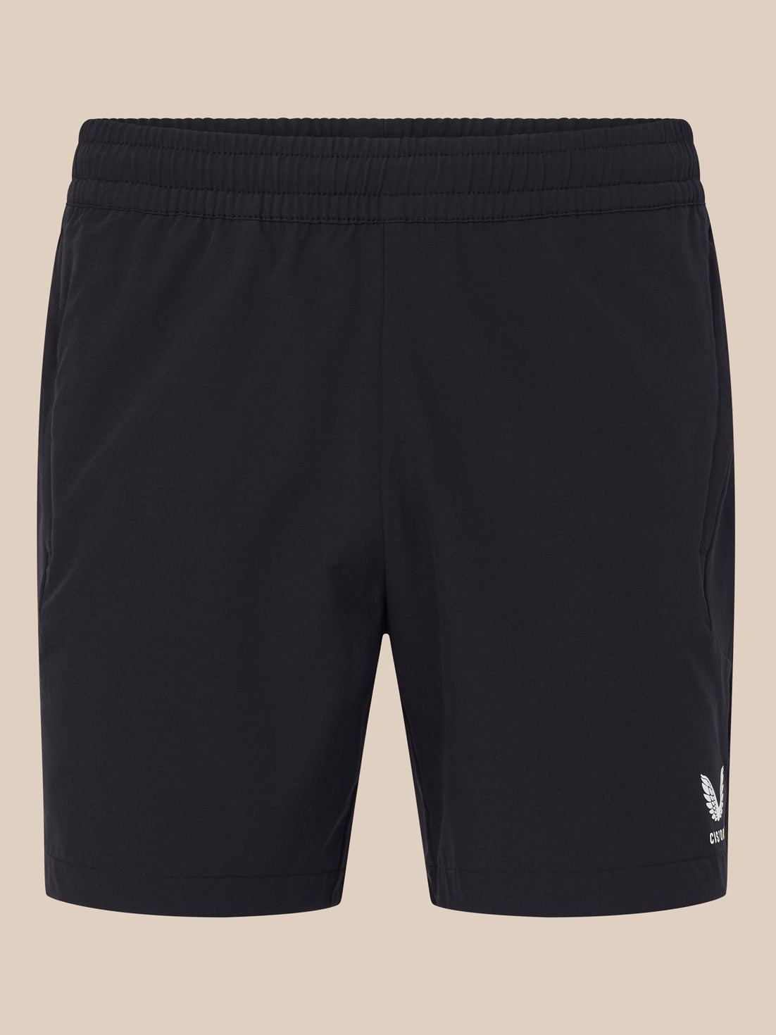 Back view of black 6 inch training shorts with an elastic waistband and a small white Castore logo at the lower right