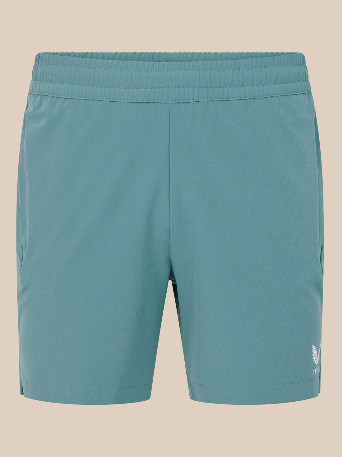 Teal blue 6 inch training shorts back view with white Castore logo near the hem.