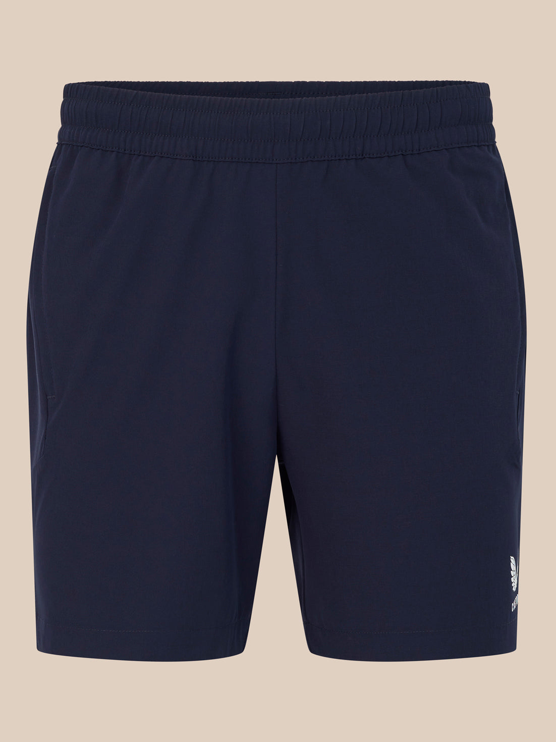 Front view of navy 6 inch training shorts with elastic waistband.