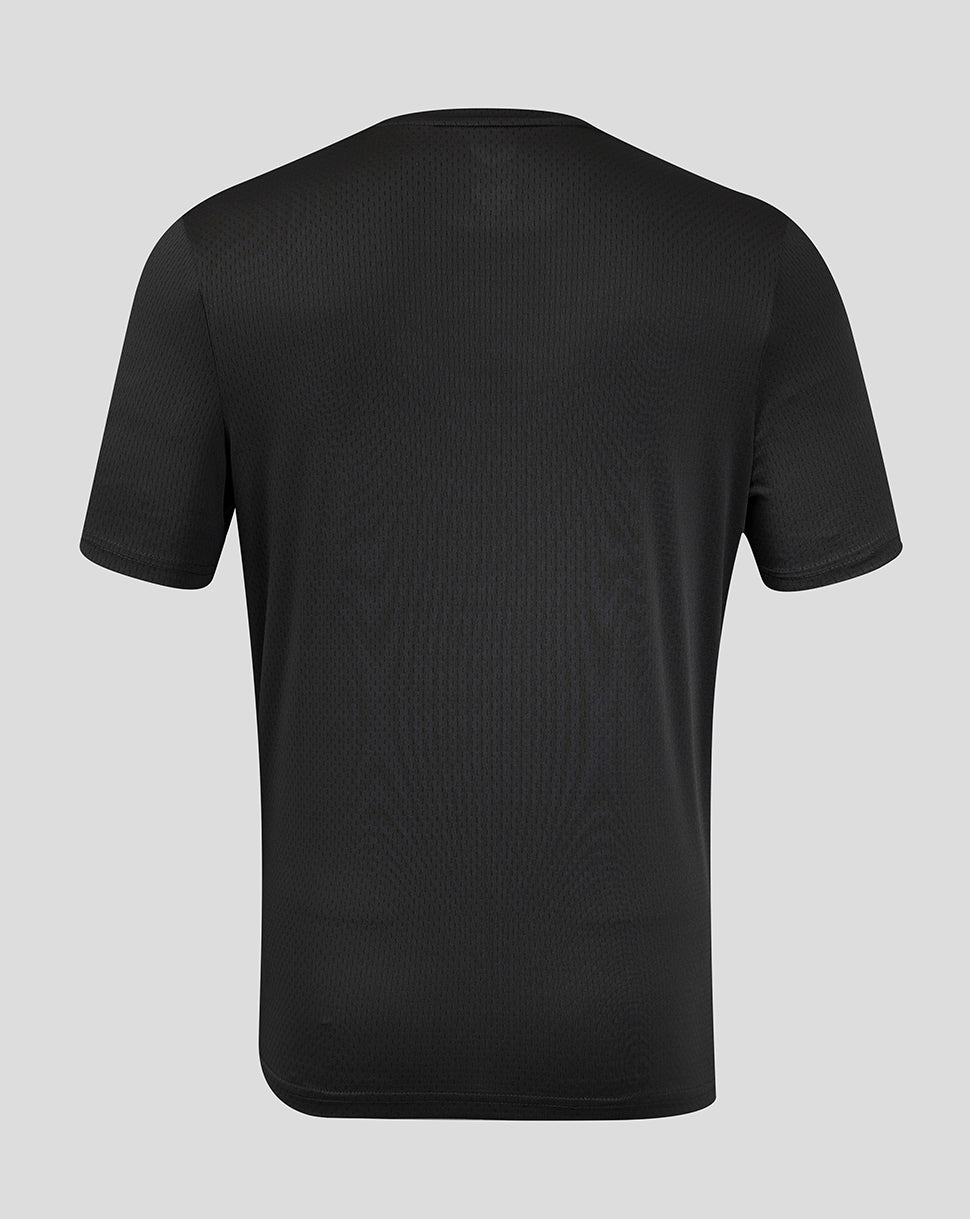 Back view of black men's all over print T shirt with subtle textured knit