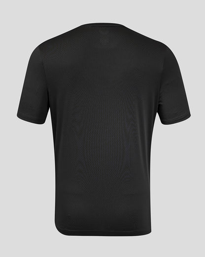 Back view of black men's all over print T shirt with subtle textured knit