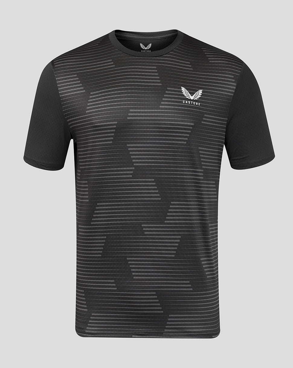 Front view of gunmetal gray men's all over print T shirt with diagonal stripe pattern and Castore logo on the chest