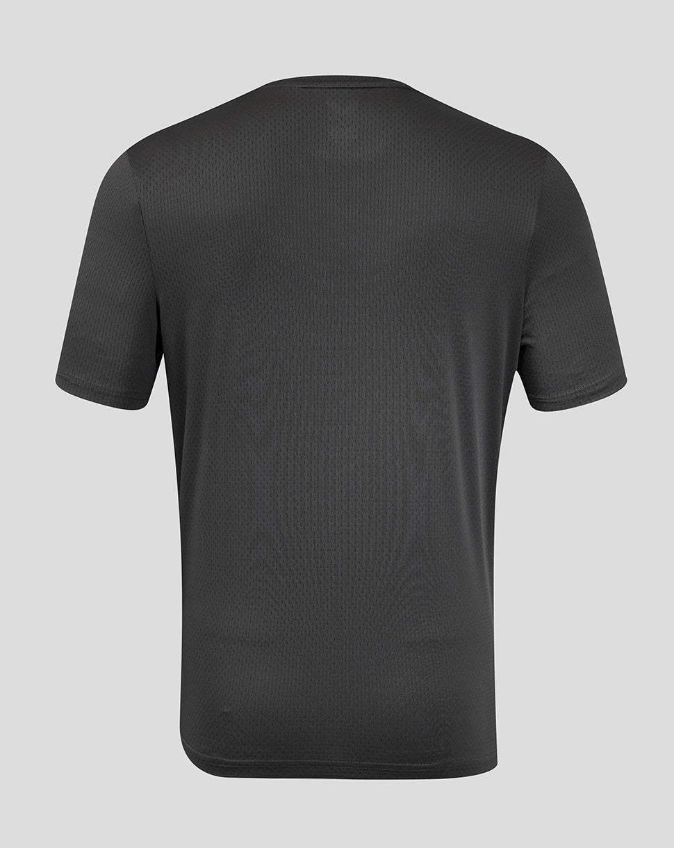 Back view of gunmetal gray men's T shirt with subtle perforated texture
