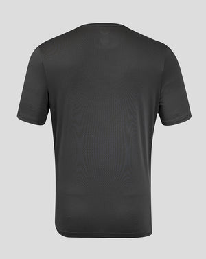Back view of gunmetal gray men's T shirt with subtle perforated texture