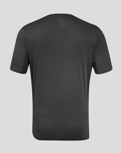 Back view of gunmetal gray men's T shirt with subtle perforated texture