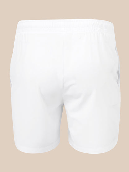 White athletic shorts with an elastic waistband, shown from the back on a solid beige background.
