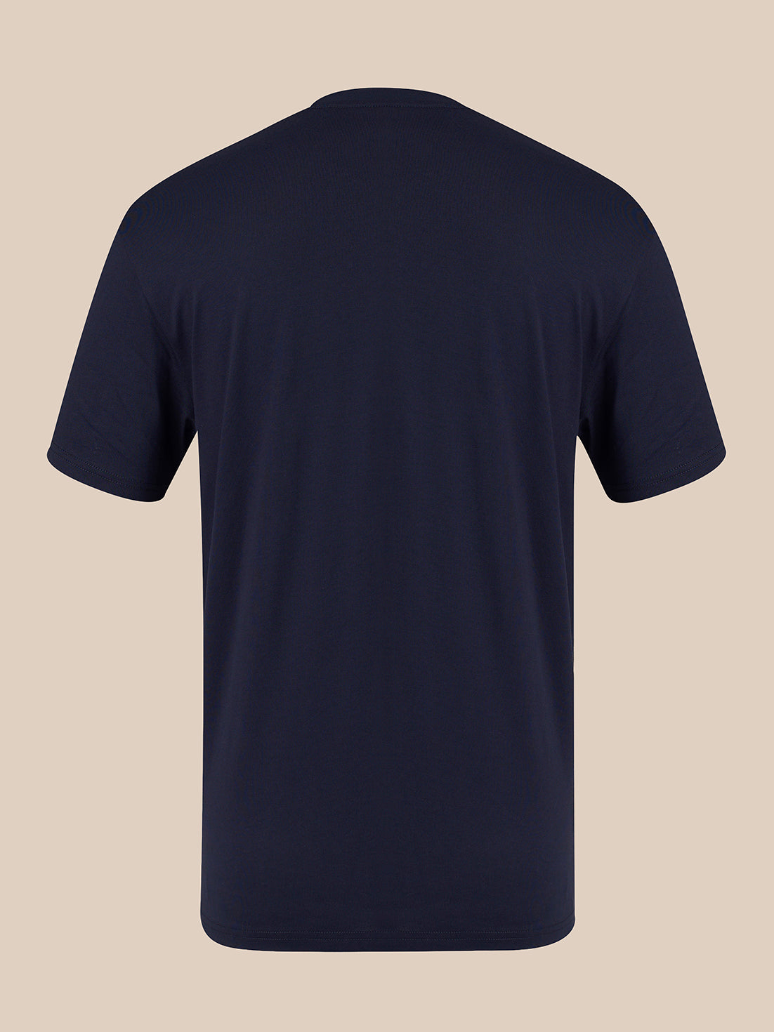A dark navy blue short-sleeve crewneck t-shirt shown from the back, displayed on a solid beige background.