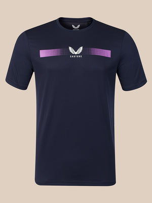 A navy blue short-sleeve athletic t-shirt with a purple and white horizontal graphic across the chest, featuring a winged logo and the word 'CASTORE'.