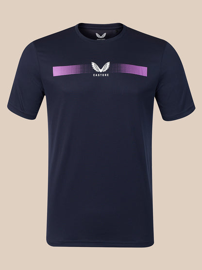 A navy blue short-sleeve athletic t-shirt with a purple and white horizontal graphic across the chest, featuring a winged logo and the word 'CASTORE'.
