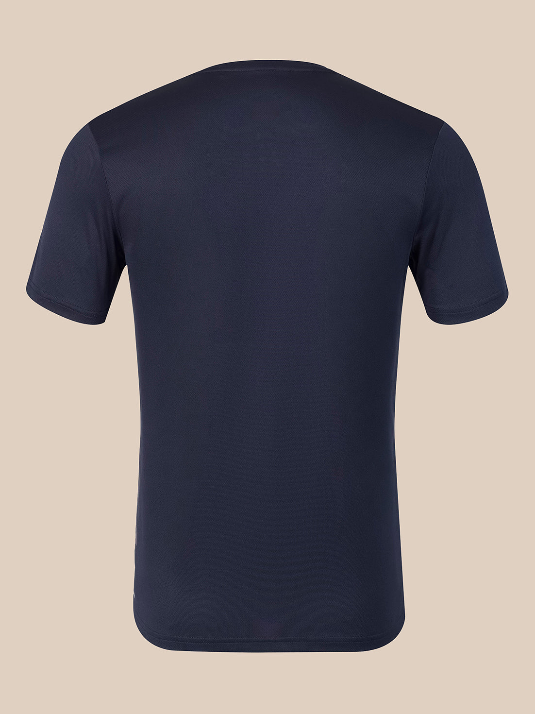 A dark navy blue short-sleeve crewneck t-shirt shown from the back, displayed on a solid beige background.