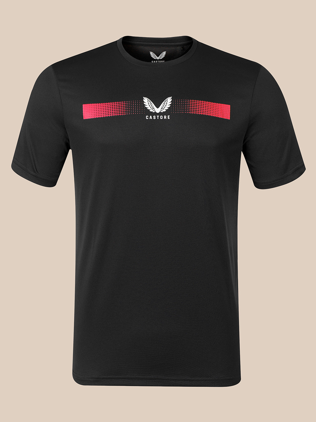 A black short-sleeve athletic t-shirt with a red and white chest graphic featuring a winged logo and the word 'CASTORE'.