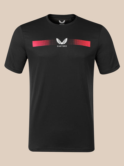 A black short-sleeve athletic t-shirt with a red and white chest graphic featuring a winged logo and the word 'CASTORE'.