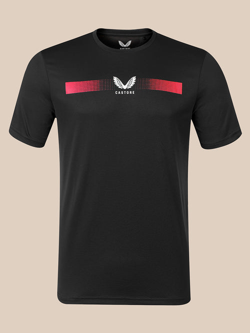 A black short-sleeve athletic t-shirt with a red and white chest graphic featuring a winged logo and the word 'CASTORE'.