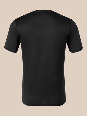 A black short-sleeve crewneck t-shirt shown from the back, displayed on an invisible mannequin against a solid beige background.