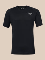 Black t-shirt with a small logo on a white background