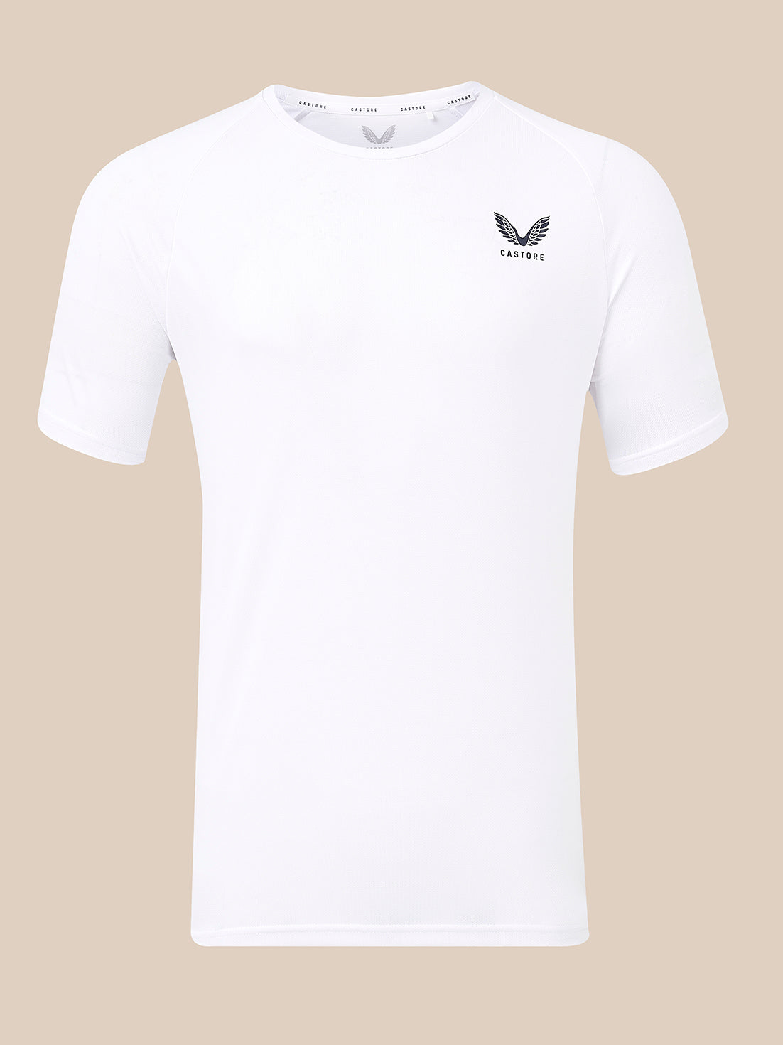 A white short-sleeve crewneck t-shirt with a black winged logo and the word 'CASTORE' printed on the left chest, displayed against a solid beige background.
