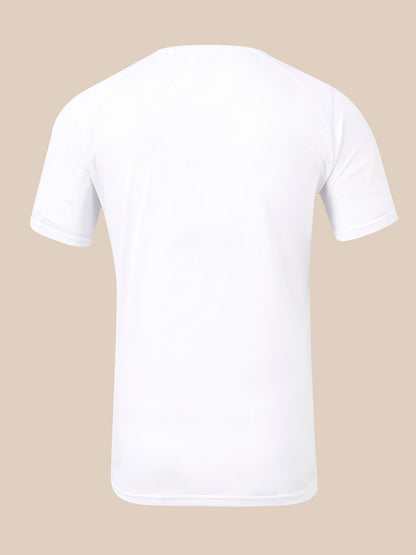 A plain white short-sleeve crewneck t-shirt shown from the back, displayed on an invisible mannequin against a solid beige background.