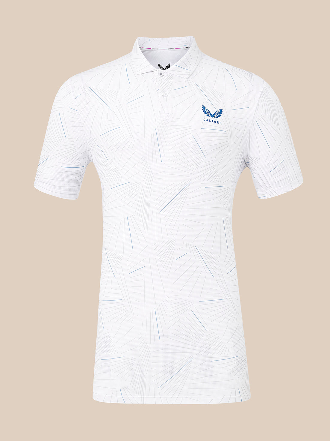A white short-sleeve polo shirt with a subtle light blue geometric line pattern and a blue winged logo on the left chest reading 'CASTORE', shown against a solid beige background.