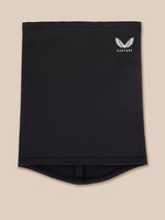 A black athletic snood with a white Castore wing logo printed on the upper right, displayed flat against a solid beige background.