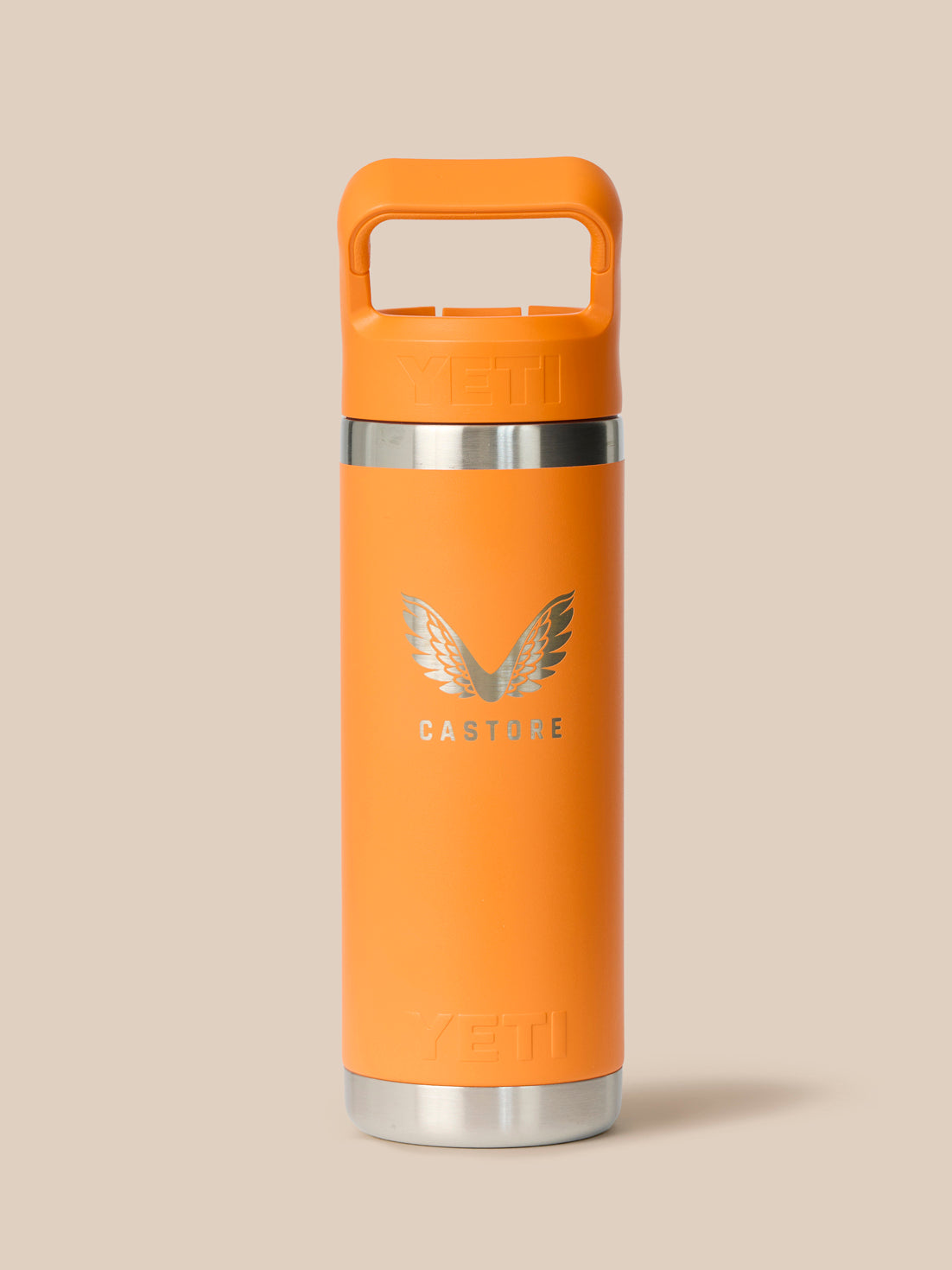 Orange YETI Rambler bottle with built in cap handle and Castore logo embossed on the body