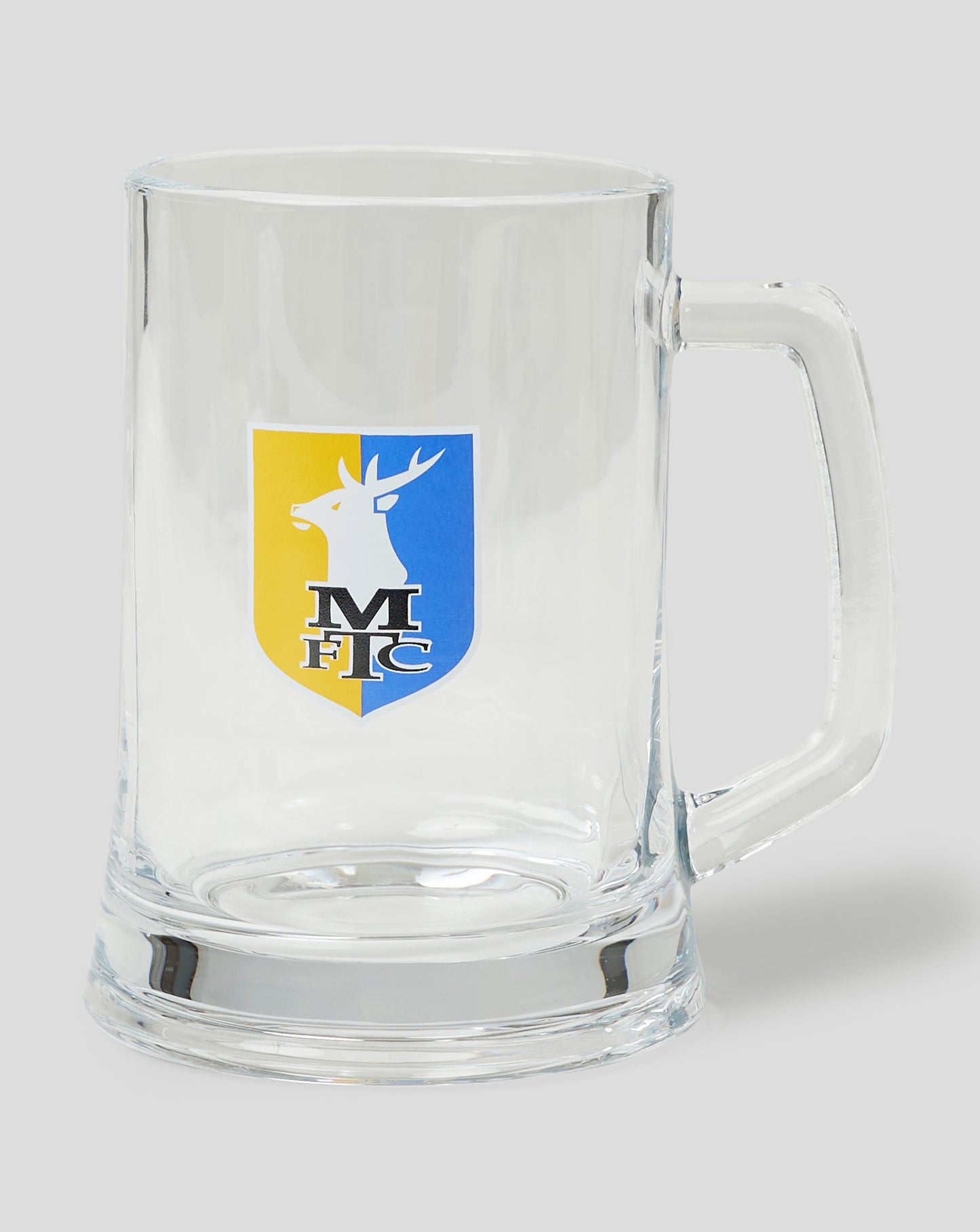 Mansfield Large Tankard Glass with clear body, easy grip handle, crest on the front