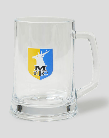 Mansfield Large Tankard Glass with clear body, easy grip handle, crest on the front