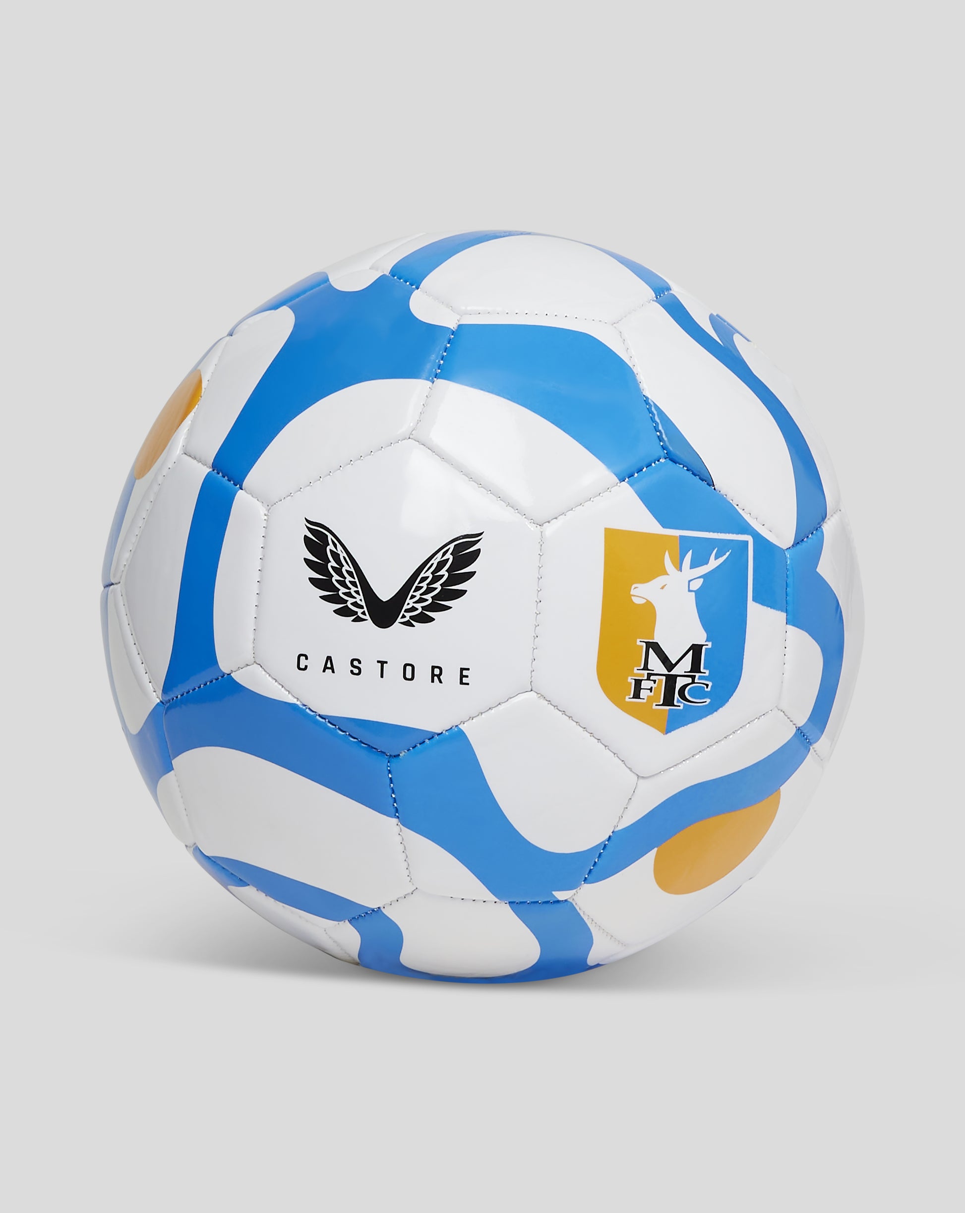 Mansfield size 5 football in white and blue panels with club crest and Castore branding.