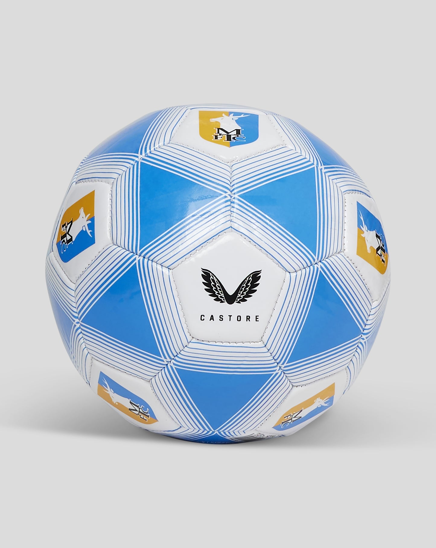 Mansfield Size 1 football close up showing blue striped panels club crest and Castore branding