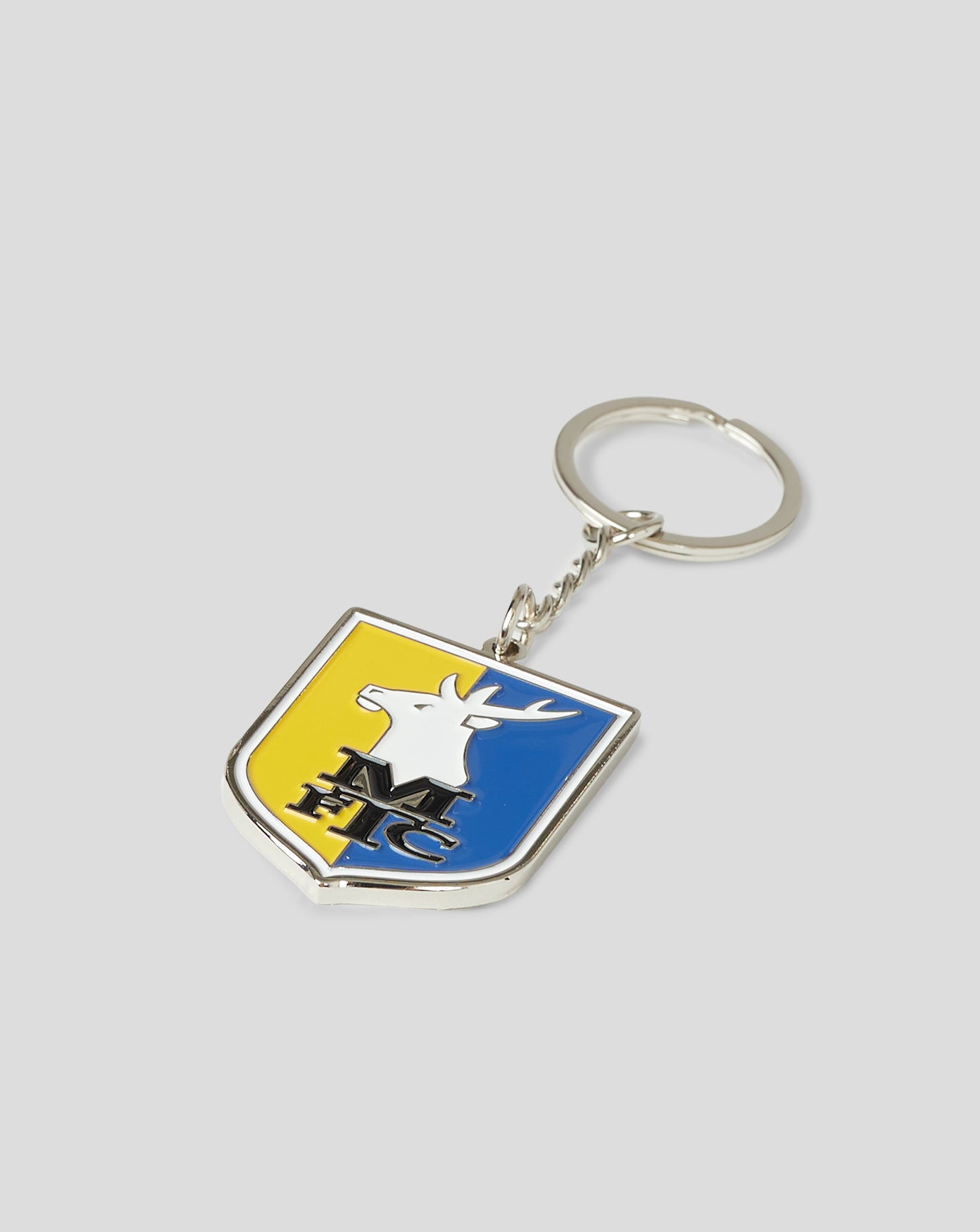 Mansfield Crest Keyring featuring a yellow and blue shield with a white stag on a circular hoop.