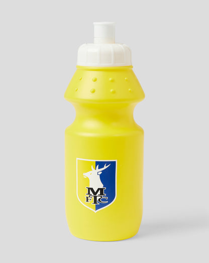 Mansfield yellow plastic water bottle with white push button lid and club crest on the front