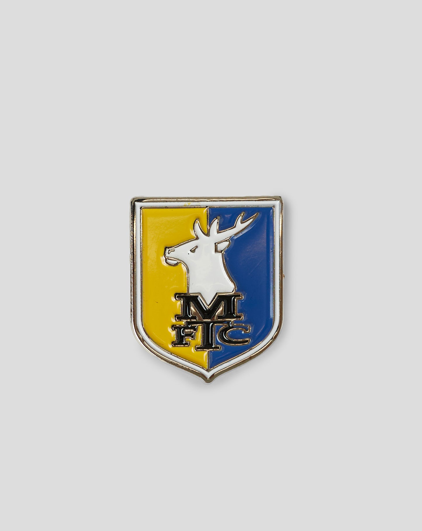 Mansfield Crest butterfly pin badge showing the yellow and blue shield with stag.