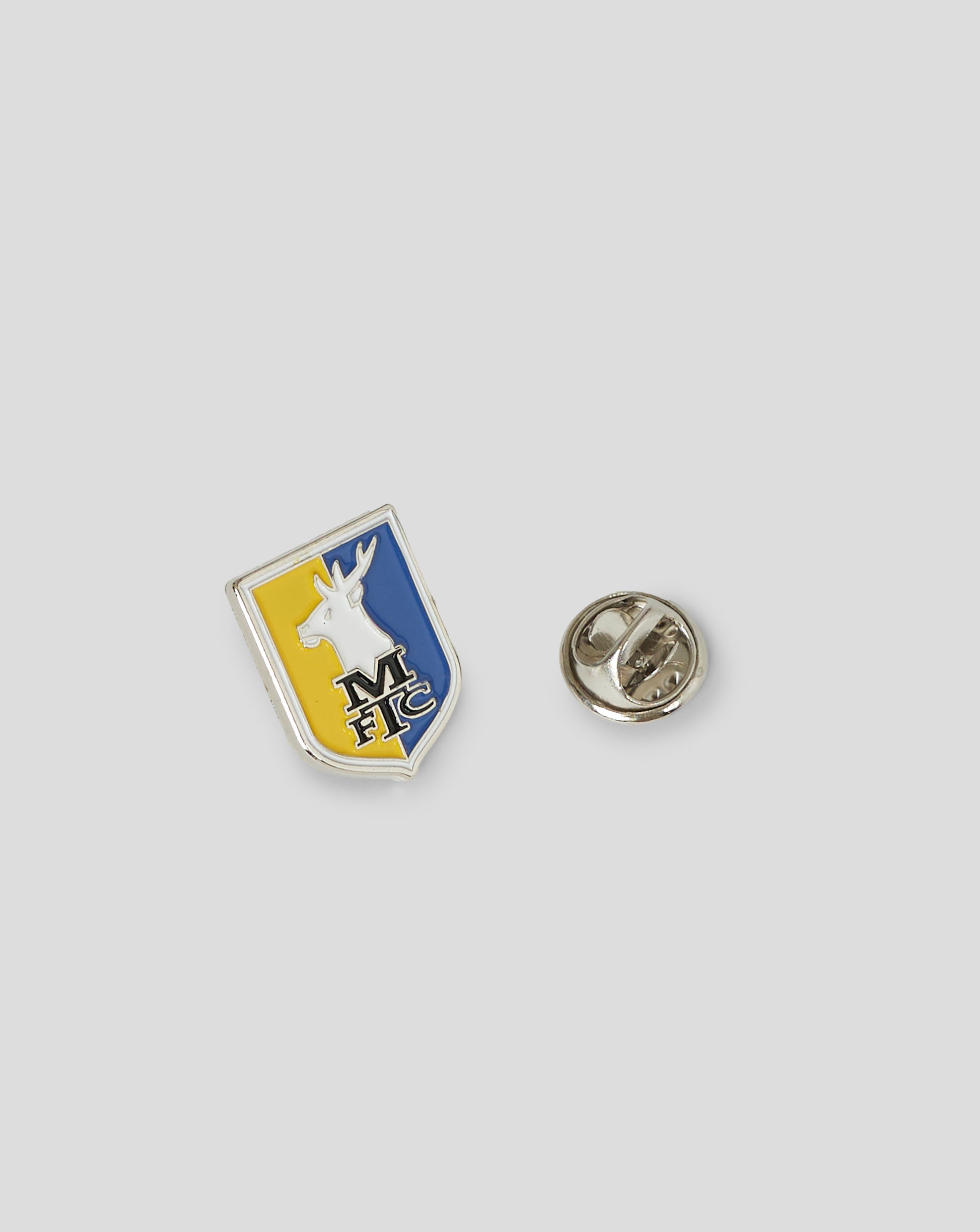 Mansfield crest butterfly pin badge featuring blue and yellow shield with stag emblem.