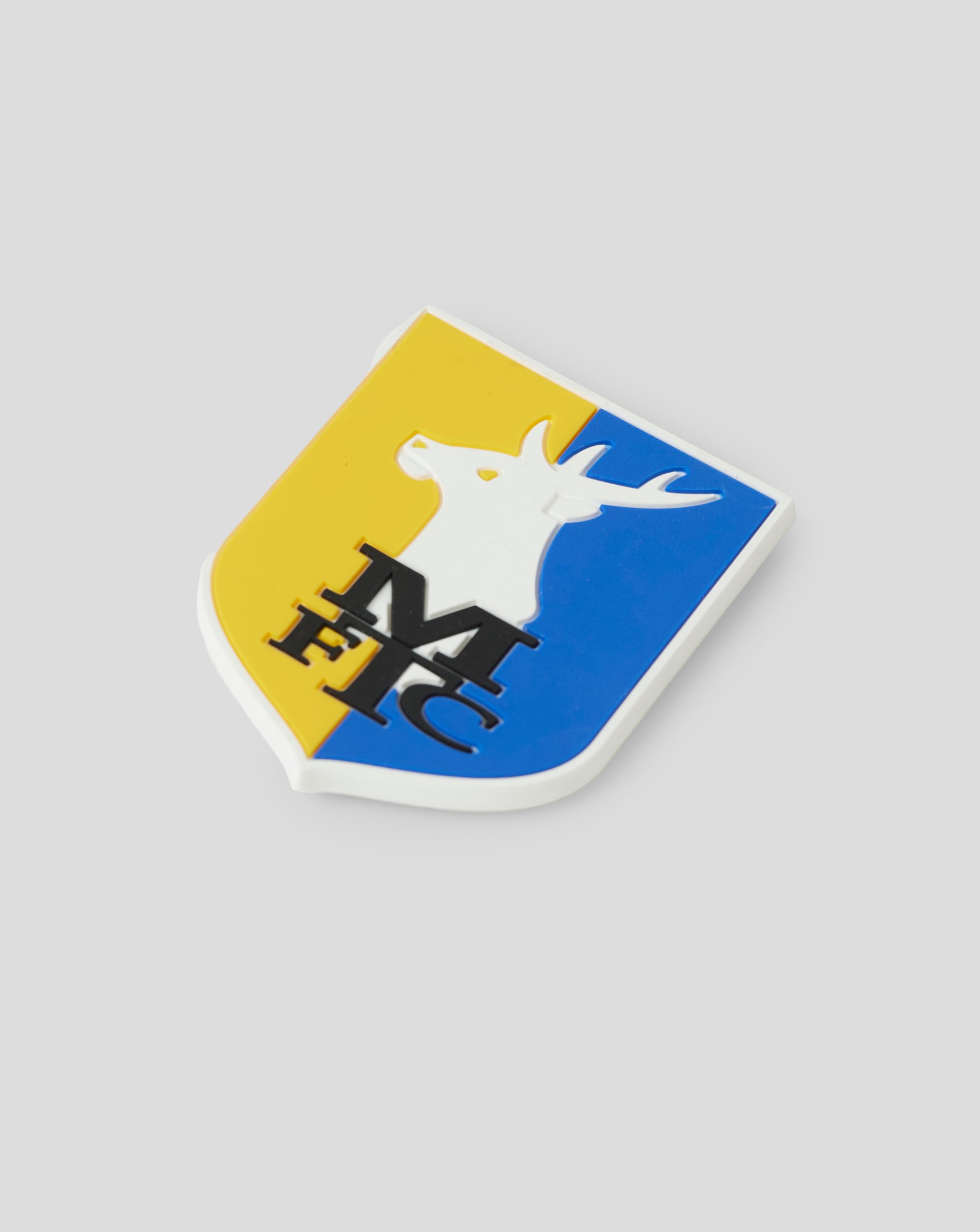 Mansfield Crest Magnet with magnetic back featuring yellow and blue shield and white stag emblem