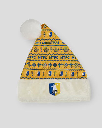 Yellow Christmas hat with MTFC crest pattern and white fluffy cuff and pom pom