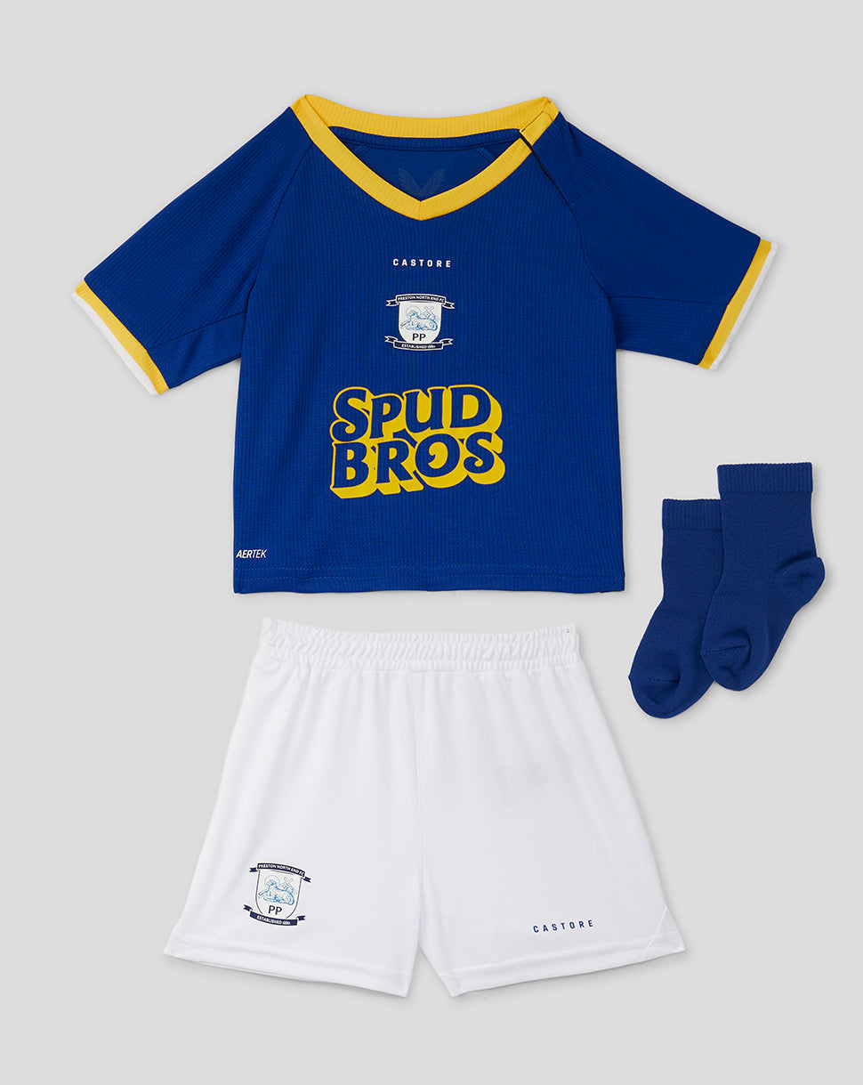 Preston North End baby 2026/27 away kit set blue jersey with yellow trim white shorts and blue socks.