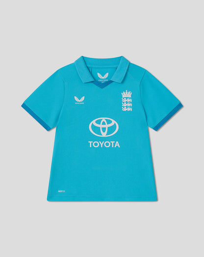 Blue polo shirt with Toyota and cricket team logos on a gray background