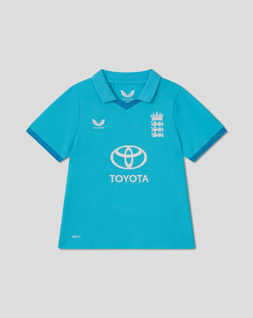 Blue polo shirt with Toyota and cricket team logos on a gray background