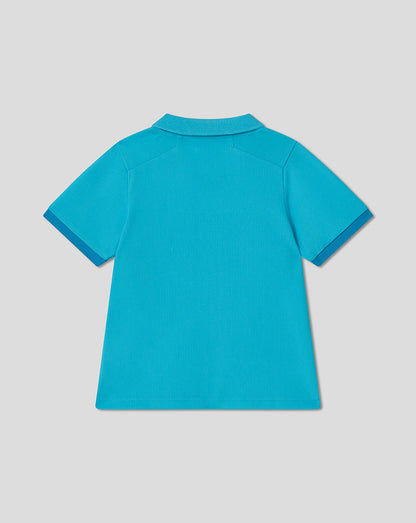 Blue polo shirt on a light gray background