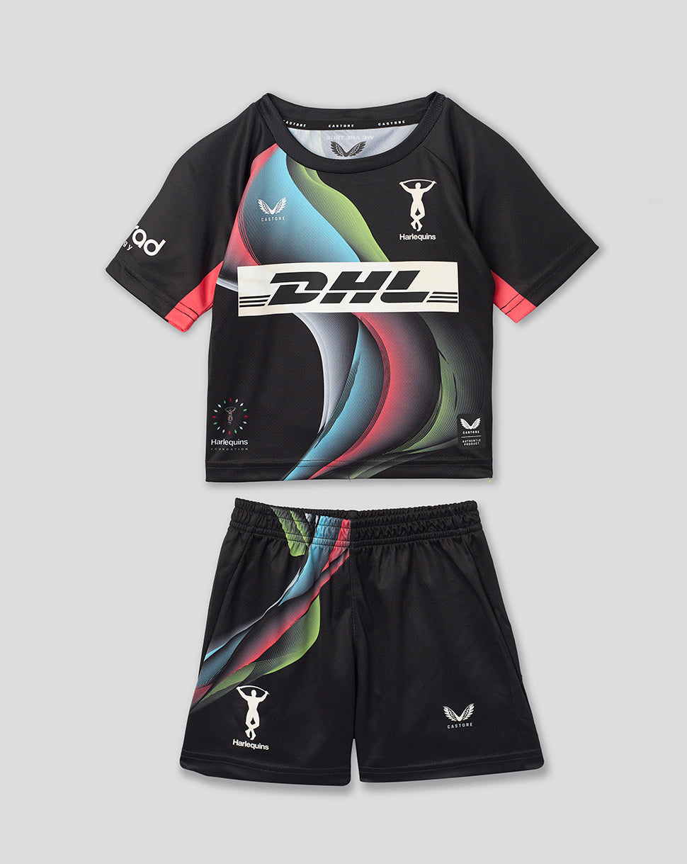 A kids' two-piece athletic set consisting of a black short-sleeve jersey and matching shorts, featuring a vibrant multicolor graphic print on the front and sides, with white logos including DHL. The set is displayed flat against a neutral gray background.
