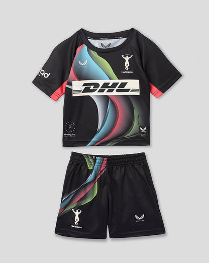 A kids' two-piece athletic set consisting of a black short-sleeve jersey and matching shorts, featuring a vibrant multicolor graphic print on the front and sides, with white logos including DHL. The set is displayed flat against a neutral gray background.