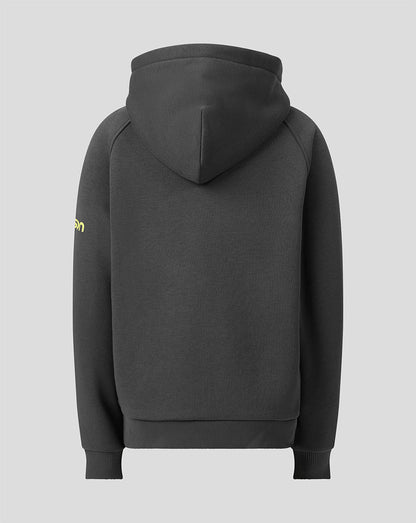 A dark gray pullover hoodie shown from the back, featuring a small yellow graphic on the left sleeve, set against a solid light gray background.