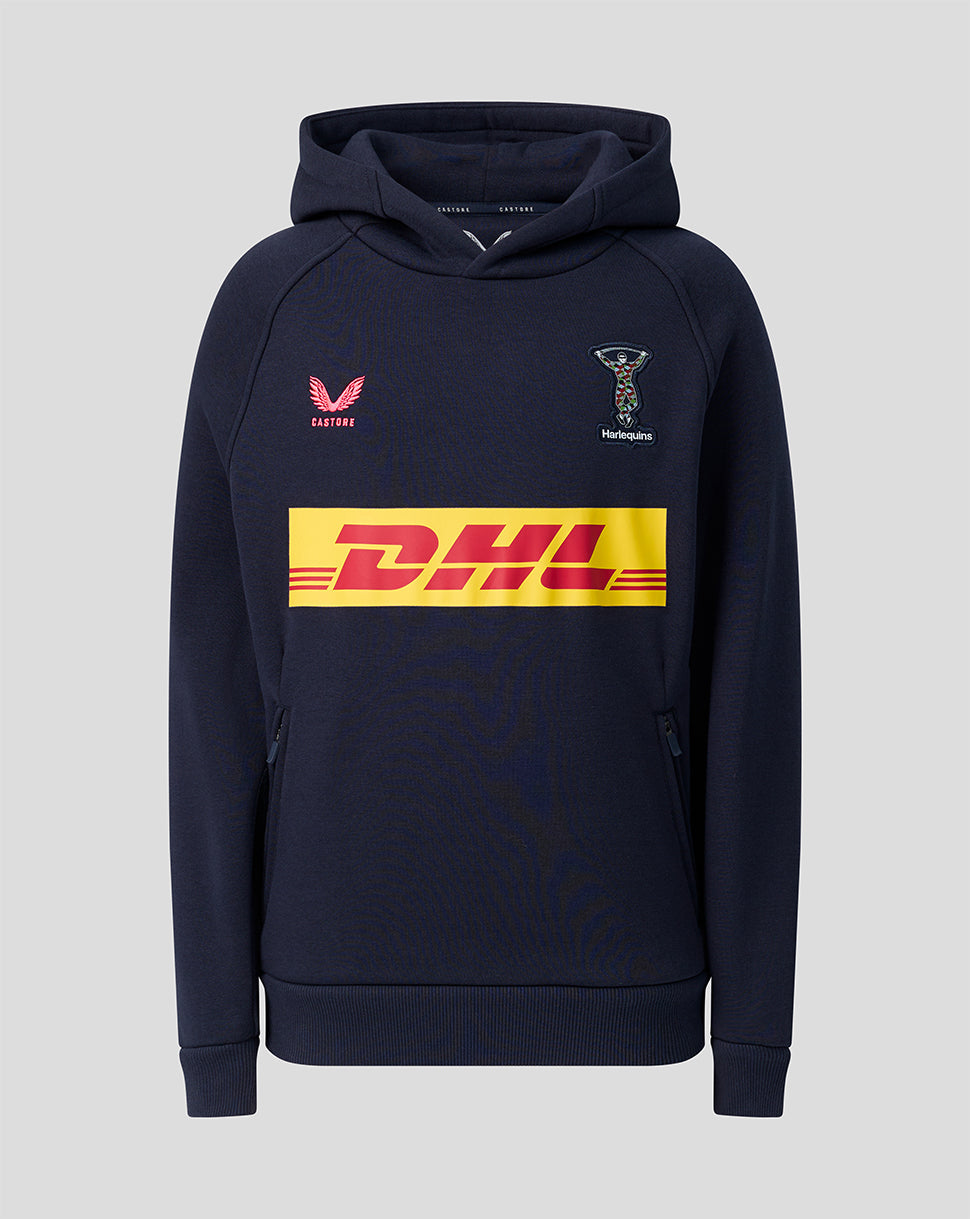 Navy Harlequins Junior Travel Hoodie front view with DHL sponsor band and Harlequins crest