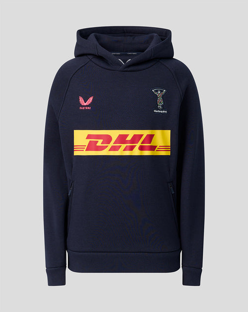 Navy Harlequins Junior Travel Hoodie front view with DHL sponsor band and Harlequins crest