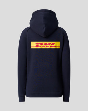 Back view of navy Harlequins Junior Travel Hoodie showing large DHL logo across the back