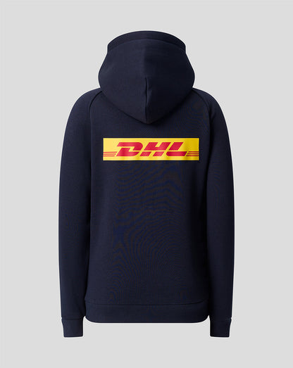 Back view of navy Harlequins Junior Travel Hoodie showing large DHL logo across the back