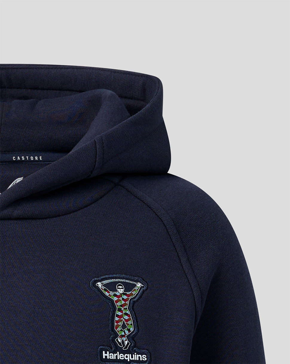 Navy Harlequins travel hoodie close up showing crest on chest and folded hood.