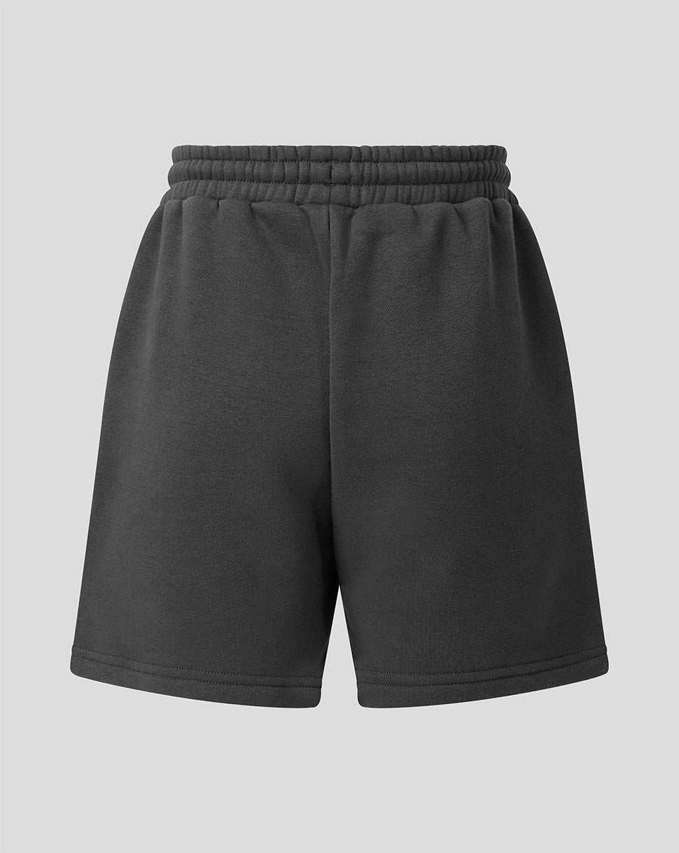 Dark gray sweat shorts with an elastic waistband, shown against a solid light gray background.