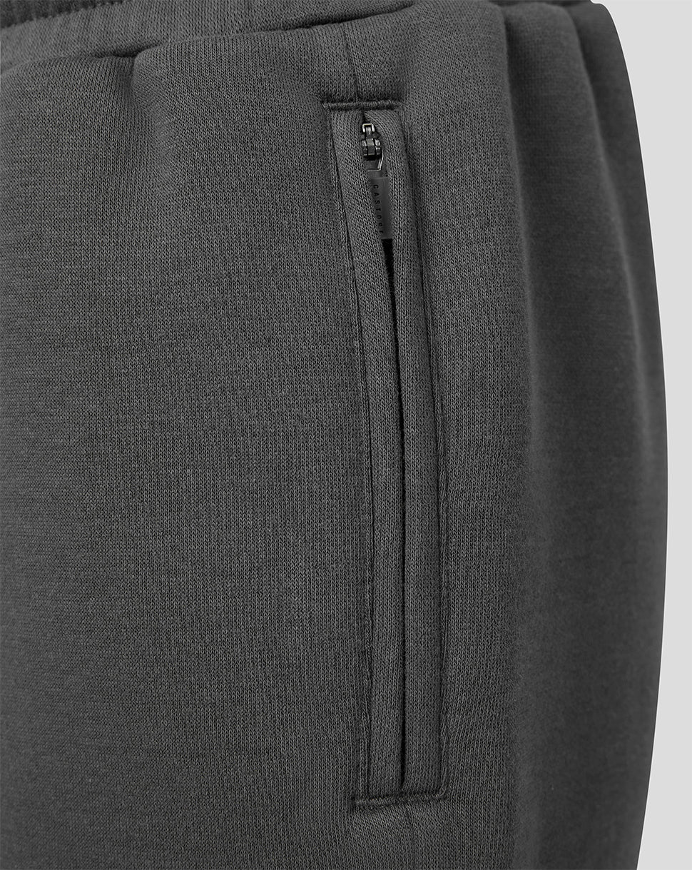 Close-up of dark gray knit fabric showing a vertical zippered pocket and part of the elastic waistband.